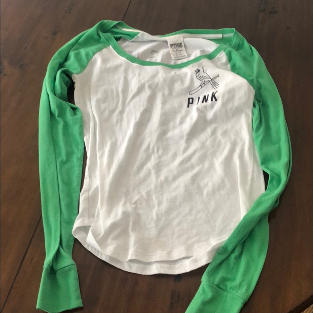 PINK Victoria's Secret Green and White Long Sleeve Tee